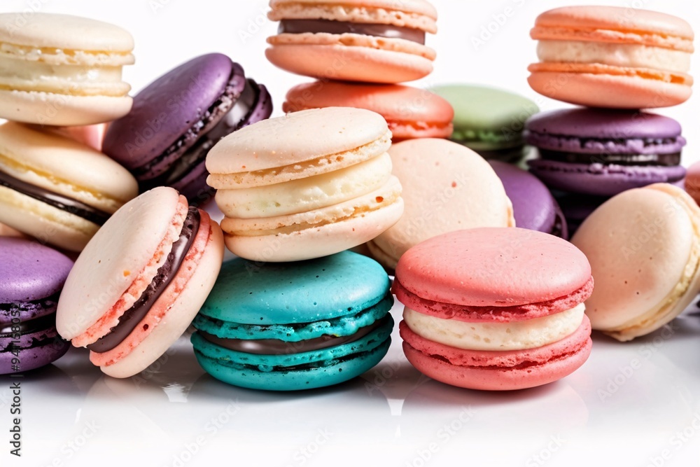 Colorful macarons on a white surface. Colorful macarons on a white surface.