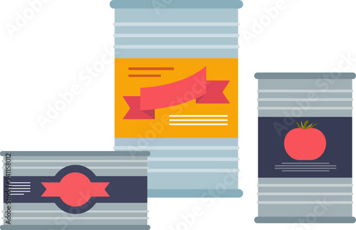 Three colorful canned food tins with generic labels, symbolizing preserved food variety and convenience.