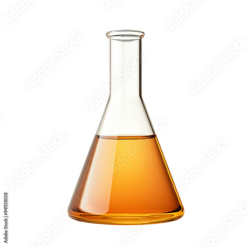 Laboratory glass flask filled with orange liquid, isolated on transparent background. Suitable for scientific and educational use.