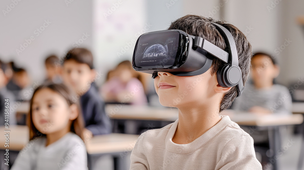 Future of Education A Young Student Immersed in Augmented Reality Technology Exploring Interactive Learning in a Modern Classroom Environment with Advanced AI Tools Future of Education A Young Student Immersed in Augmented Reality Technology Exploring Interactive Learning in a Modern Classroom Environment with Advanced AI Tools