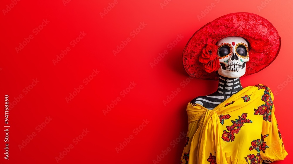 Skeleton in a traditional Day of the Dead costume, shadow revealing vibrant patterns Skeleton in a traditional Day of the Dead costume, shadow revealing vibrant patterns