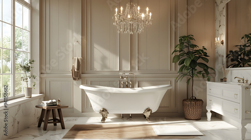 A luxurious bathroom design with a freestanding clawfoot tub, marble countertops, and a crystal chandelier, creating a spa-like atmosphere with elegant touches