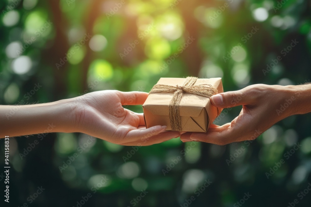 Fototapeta premium Gift Exchange with Hands and a Brown Box with Twine