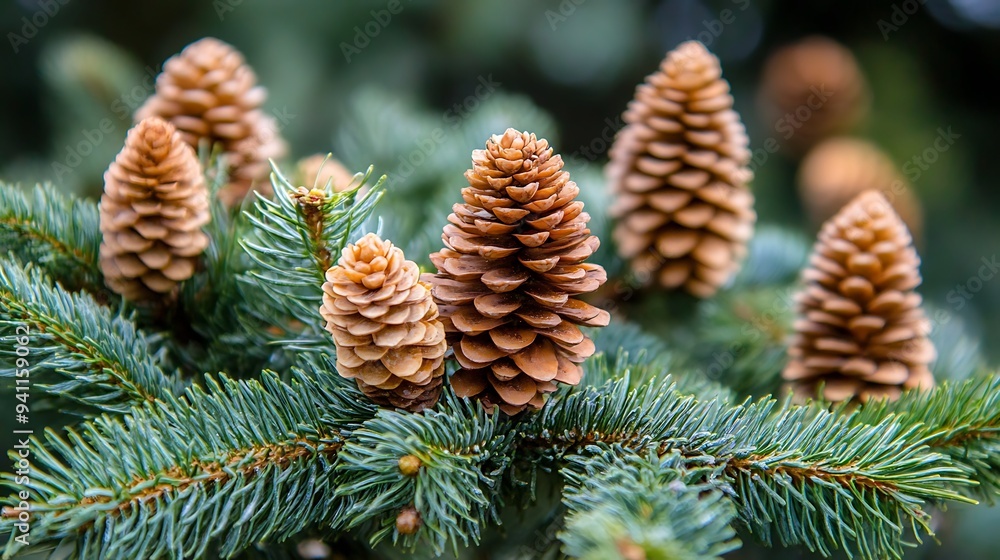 Close-up of five pine cones on a branch of a pine tree. Close-up of five pine cones on a branch of a pine tree.