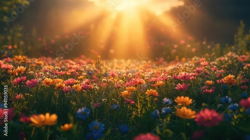 enchanted springtime meadow at dawn misty atmosphere rainbow wildflowers ethereal light beams fairytalelike scene lush greens dreamy bokeh effect