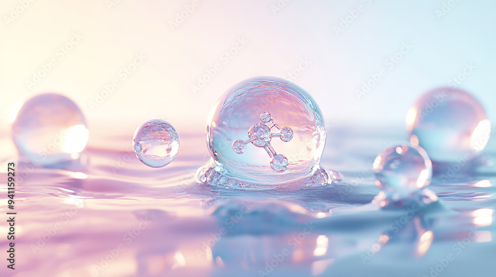 3D rendering of a liquid bubble with a molecule inside, set against a water background, showcasing a cosmetic essence. --ar 16:9 --v 6.1 Job ID: be404c3e-c21b-435c-9c62-eda5a9c524b3 3D rendering of a liquid bubble with a molecule inside, set against a water background, showcasing a cosmetic essence. --ar 16:9 --v 6.1 Job ID: be404c3e-c21b-435c-9c62-eda5a9c524b3