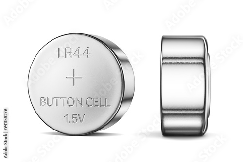 Close up alkaline battery button cell LR44 isolated. 3D rendering illustration. Transparent PNG image.