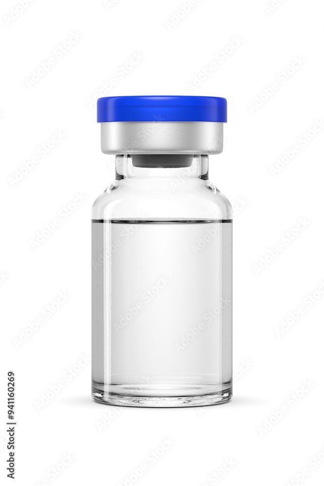 Clear glass vial with a blue cap containing a colorless liquid isolated. 3D rendering illustration. Transparent PNG image. Clear glass vial with a blue cap containing a colorless liquid isolated. 3D rendering illustration. Transparent PNG image.