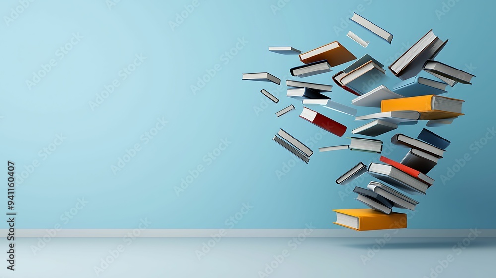 Fototapeta premium Literary Transformation: Books Soaring into Abstract Freedom with Copy Space