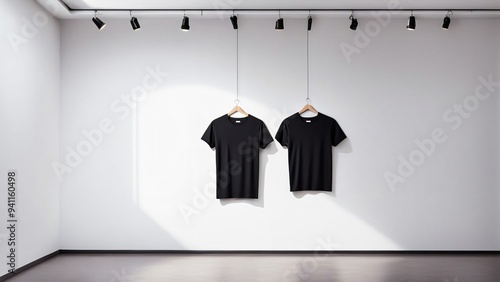 An image of two white walls with a black blank t-shirt hanging on them, ready for your design to be placed on them. Blank t shirt mockup template.