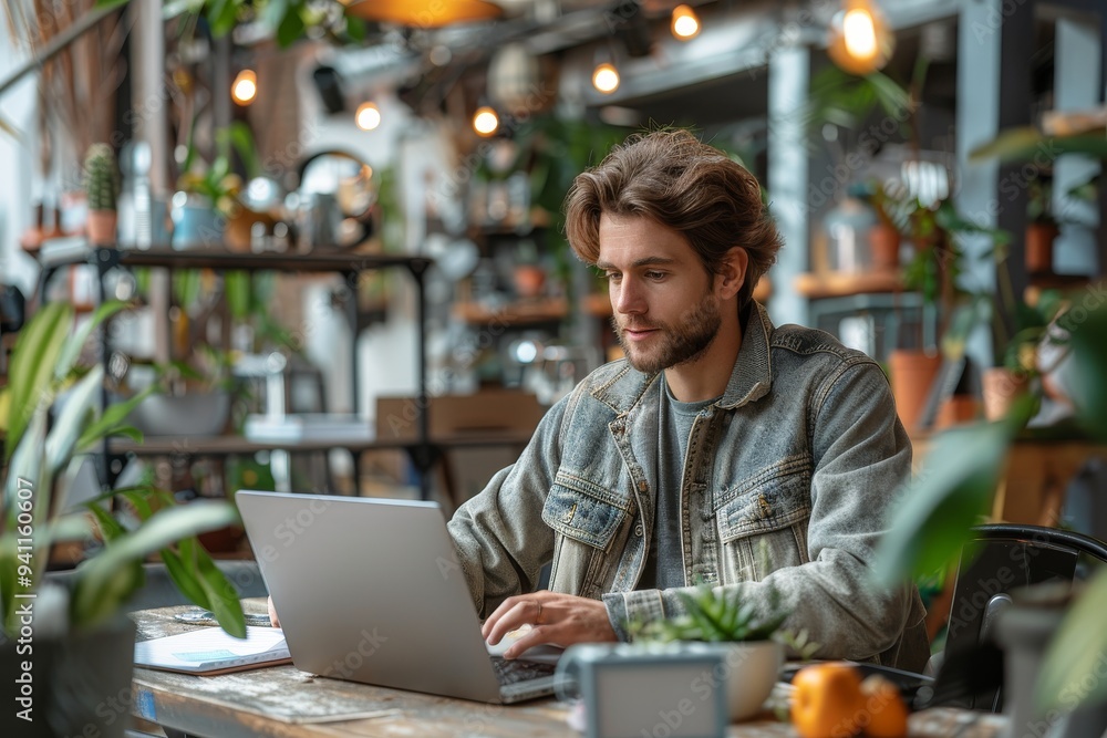 A young man using a computer laptop in front of a blank white computer screen, sitting comfortably in a cozy home setting with natural light. Generative AI A young man using a computer laptop in front of a blank white computer screen, sitting comfortably in a cozy home setting with natural light. Generative AI