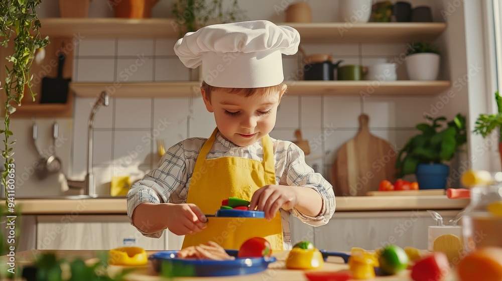 A child dressed as a chef, preparing a meal with toy food in a pretend kitchen A child dressed as a chef, preparing a meal with toy food in a pretend kitchen