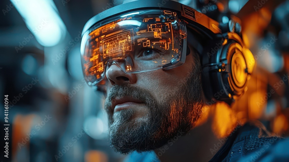 engineer using ar glasses in smart factory robots on assembly line holographic data displays iot sensors engineer using ar glasses in smart factory robots on assembly line holographic data displays iot sensors