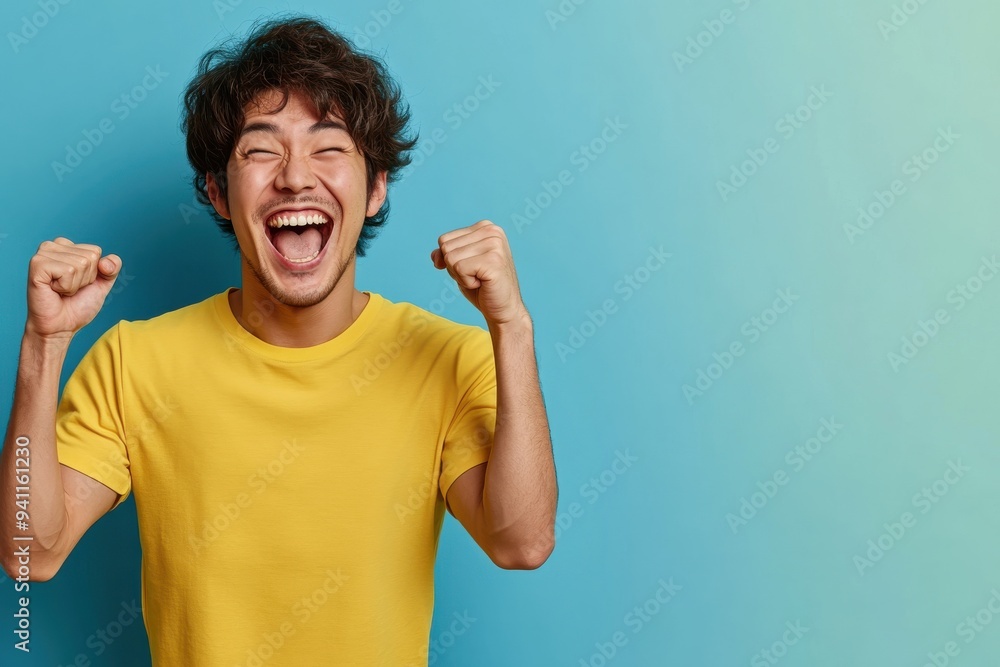 ガッツポーズをして喜ぶ若い日本人の男性(ワールドカップ・試合・達成・勝利・歓喜・勝負) ガッツポーズをして喜ぶ若い日本人の男性(ワールドカップ・試合・達成・勝利・歓喜・勝負)