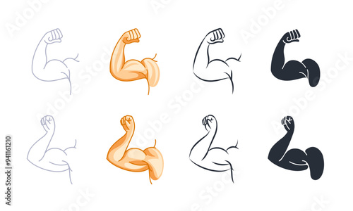 Set of strong arms showing biceps muscle, flexing powerful forearm, in cartoon, silhouette and line art style