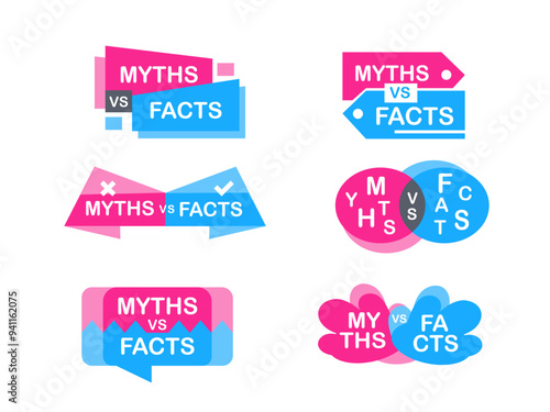 Colorful set of six logos showing the concept of myths versus facts, separating truth from lies