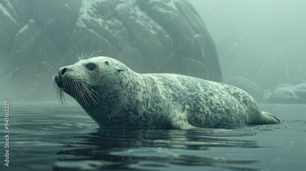 Fototapeta premium A Gray Seal Swimming in Calm Water on a Foggy Day