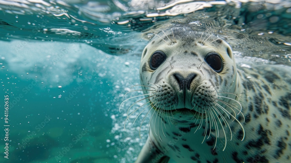 Fototapeta premium Close-up of a Seal's Face with Water Surface Above