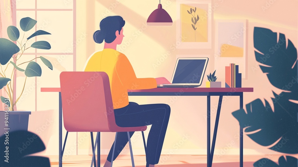 Modern workspace with a person working on a laptop, surrounded by plants and warm light that creates a cozy atmosphere. Modern workspace with a person working on a laptop, surrounded by plants and warm light that creates a cozy atmosphere.