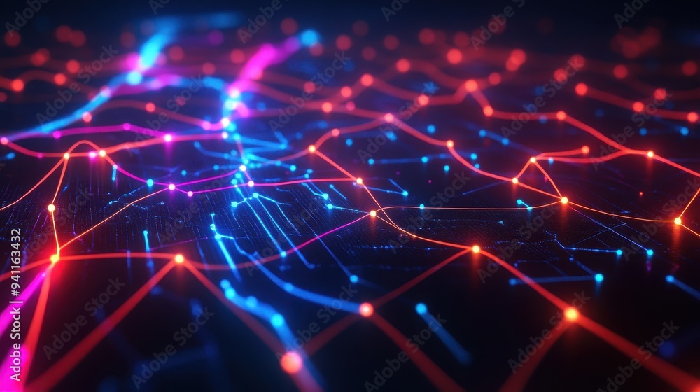 Abstract Network Connection with Red and Blue Glowing Lines and Dots on a Dark Background. Abstract Network Connection with Red and Blue Glowing Lines and Dots on a Dark Background.