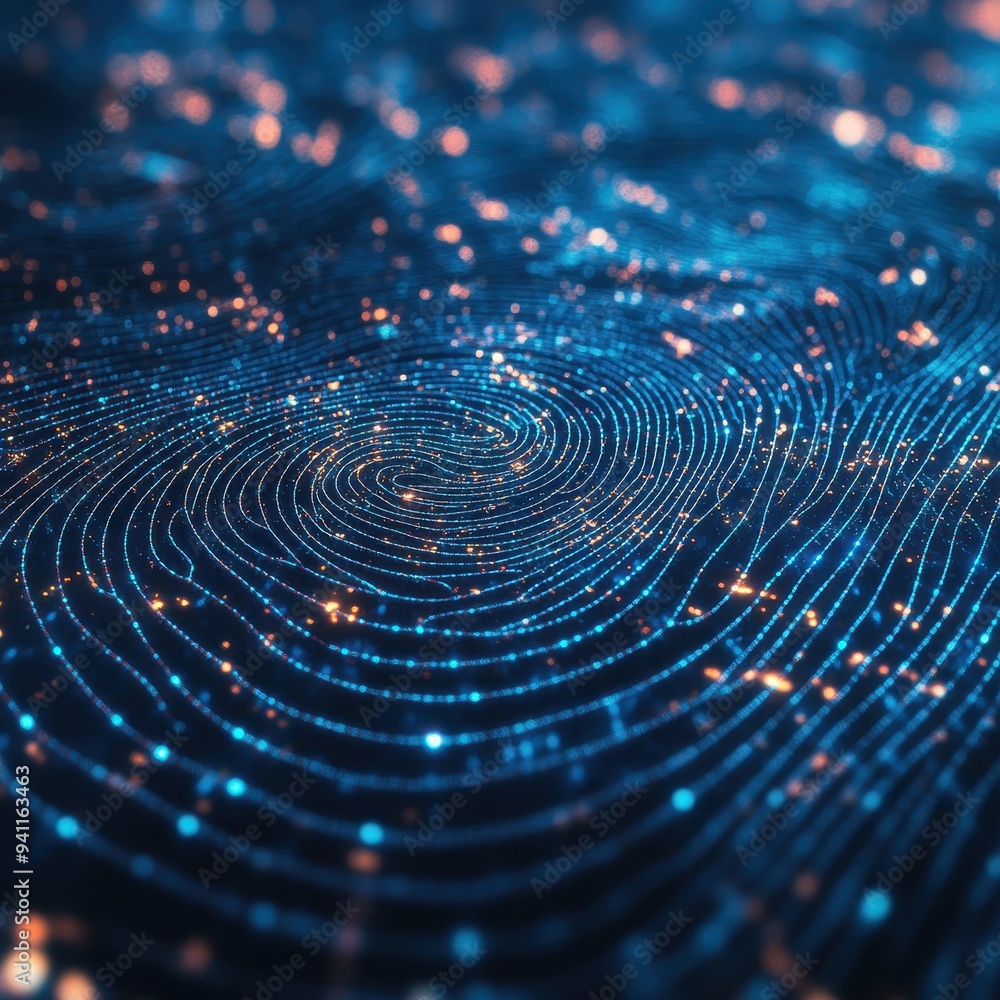 Abstract Fingerprint Pattern with Glowing Lights - Digital Security and Technology Concept. Abstract Fingerprint Pattern with Glowing Lights - Digital Security and Technology Concept.
