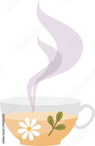 A steaming cup of herbal tea with a daisy and leaves design, symbolizing natural wellness.