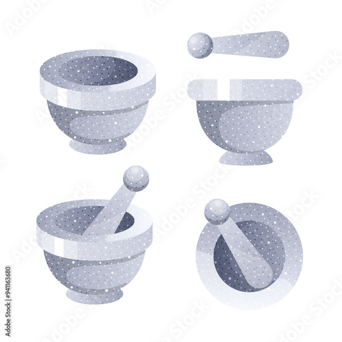 Four gray stone mortar and pestle sets, kitchen tools for grinding spices, herbs, and nuts