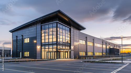 Modern warehouse exterior at dusk with high key lighting