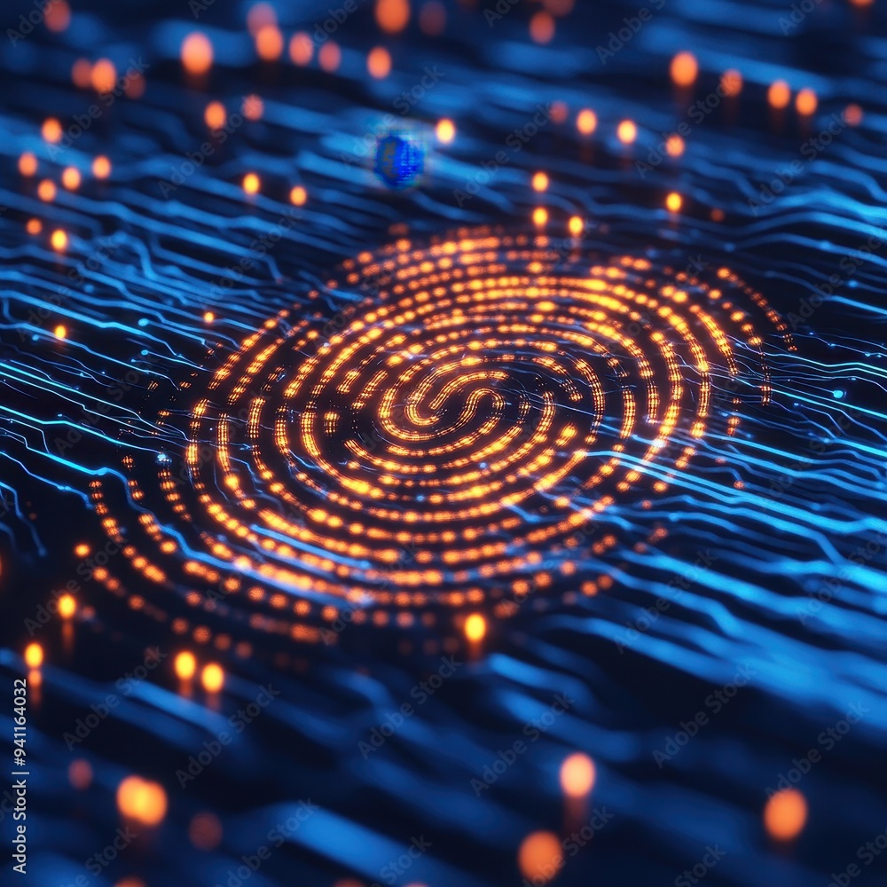 Abstract Digital Fingerprint with Glowing Lines and Circles - Cyber Security Concept. Abstract Digital Fingerprint with Glowing Lines and Circles - Cyber Security Concept.