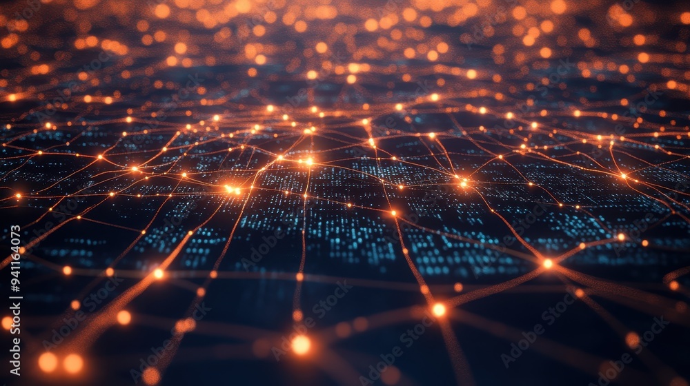 Abstract Network Connection with Orange Lights and Lines - Digital Technology Background. Abstract Network Connection with Orange Lights and Lines - Digital Technology Background.