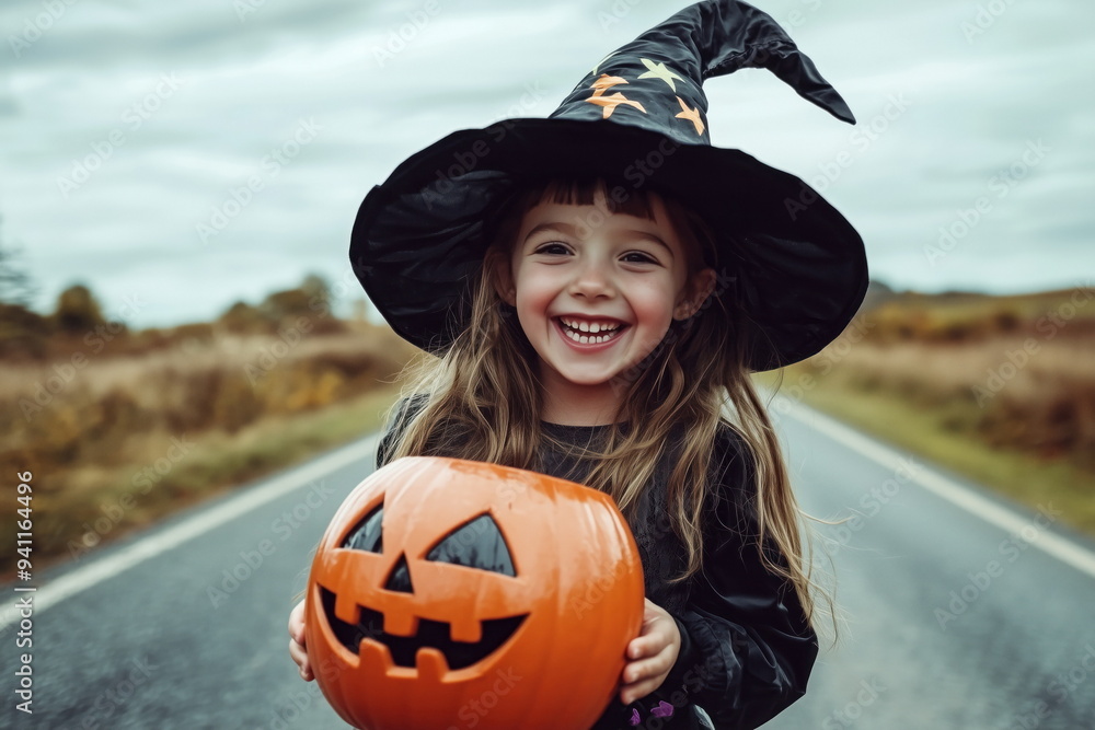 girl in a witch costume holding a Jack-O'-Lantern pumpkin, smiling on a country road during Halloween. girl in a witch costume holding a Jack-O'-Lantern pumpkin, smiling on a country road during Halloween.