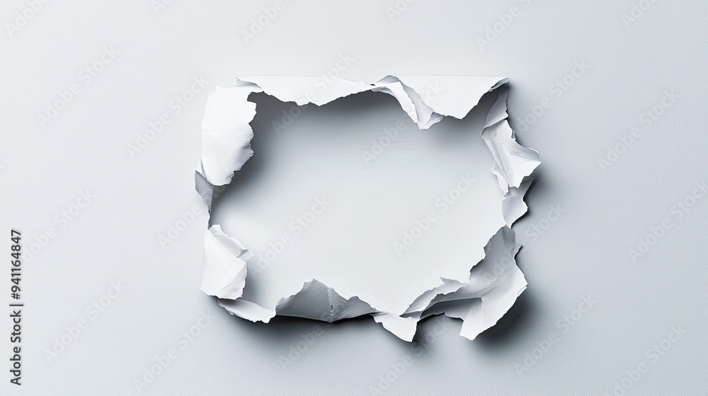 Torn white paper with an empty space in the center, ideal for showcasing messages or designs in a creative way.