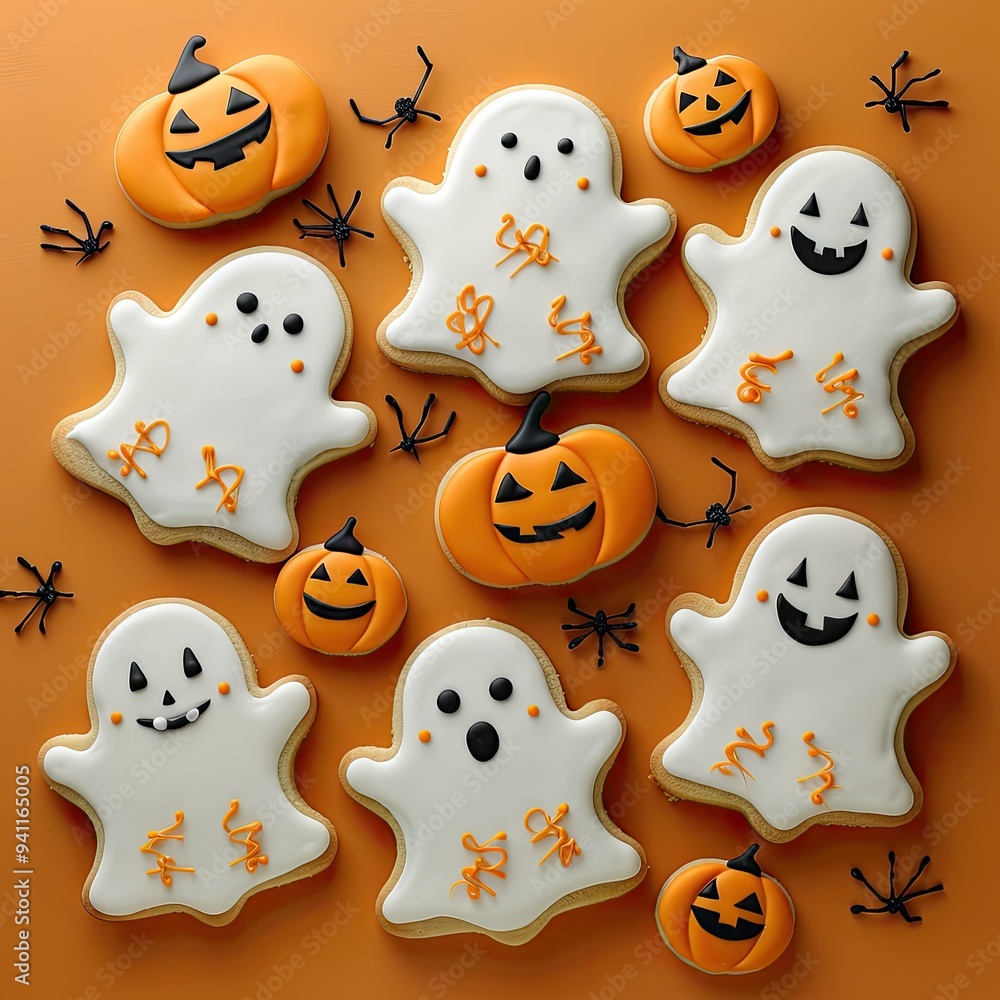 set of gingerbread cookies with funny ghosts and pumpkins on an orange background set of gingerbread cookies with funny ghosts and pumpkins on an orange background
