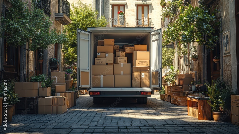 Fototapeta premium Moving Truck Filled with Cardboard Boxes in a Quaint European Alleyway on a Sunny Day