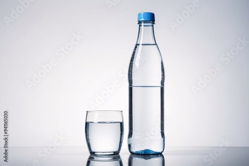 A glass of water and a bottle of water on a white background.