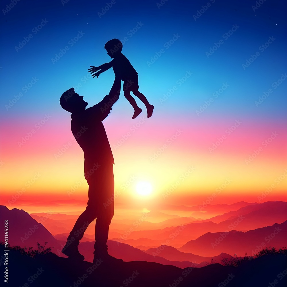 scenic view of man lifting child in his hands, a moment of happiness scenic view of man lifting child in his hands, a moment of happiness