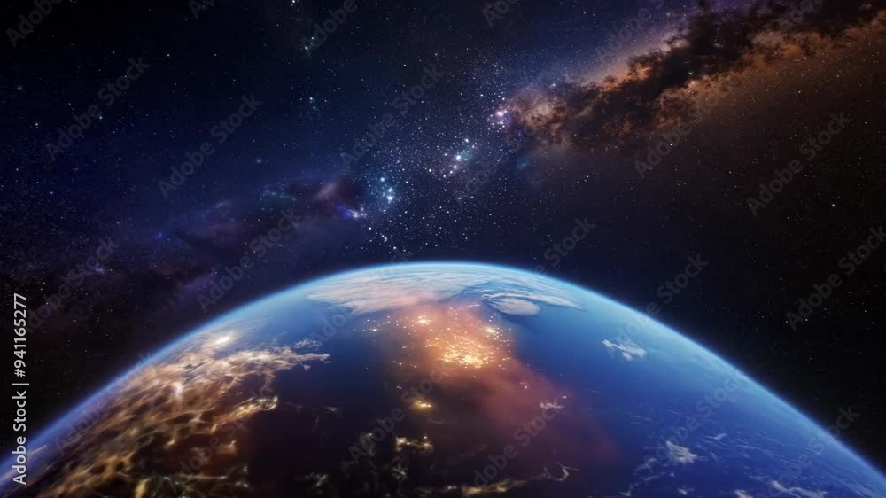 Open doors leading into space with views of Earth and stars create a sense of endless possibilities Open doors leading into space with views of Earth and stars create a sense of endless possibilities