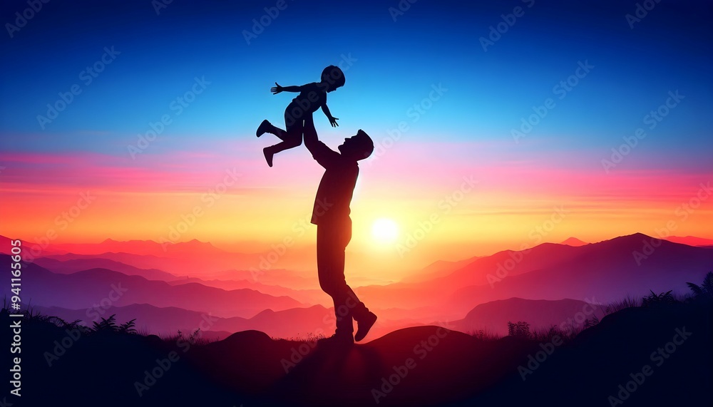 scenic view of man lifting child in his hands, a moment of happiness scenic view of man lifting child in his hands, a moment of happiness