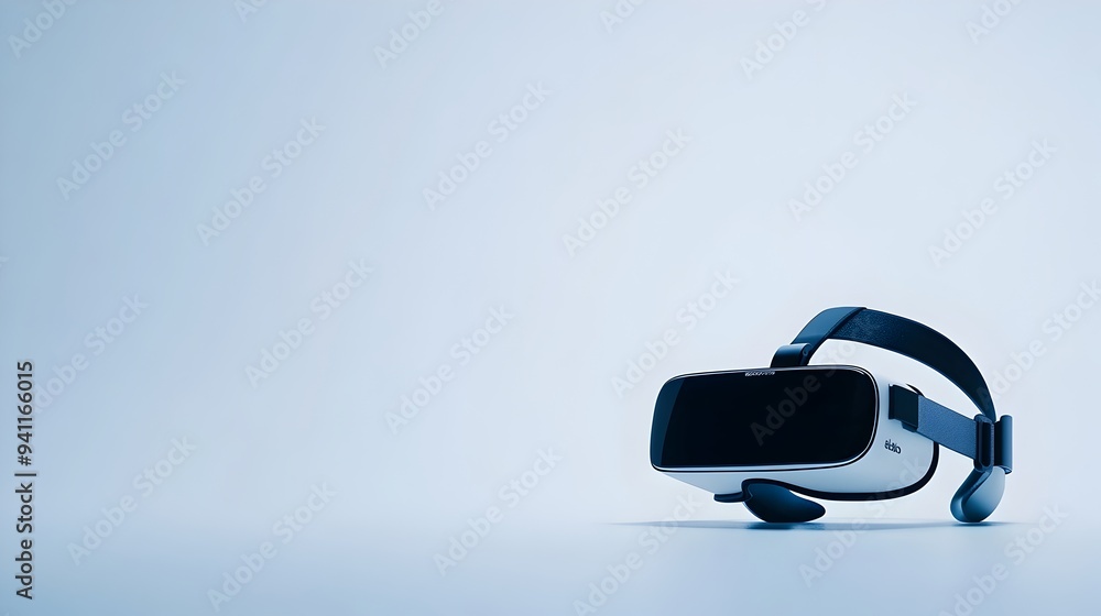 Photograph of a virtual reality headset placed on a table isolated on a white background with ample space on the right side for text or design elements Photograph of a virtual reality headset placed on a table isolated on a white background with ample space on the right side for text or design elements