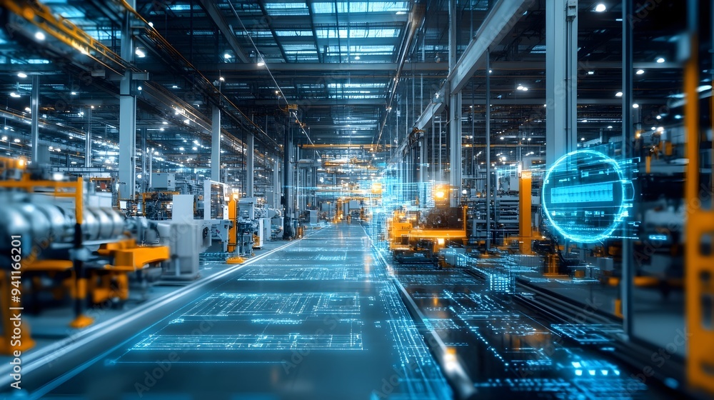 A modern factory floor equipped with digital twin technology sensors and analytics dashboards to monitor production processes optimize workflows and boost manufacturing efficiency A modern factory floor equipped with digital twin technology sensors and analytics dashboards to monitor production processes optimize workflows and boost manufacturing efficiency