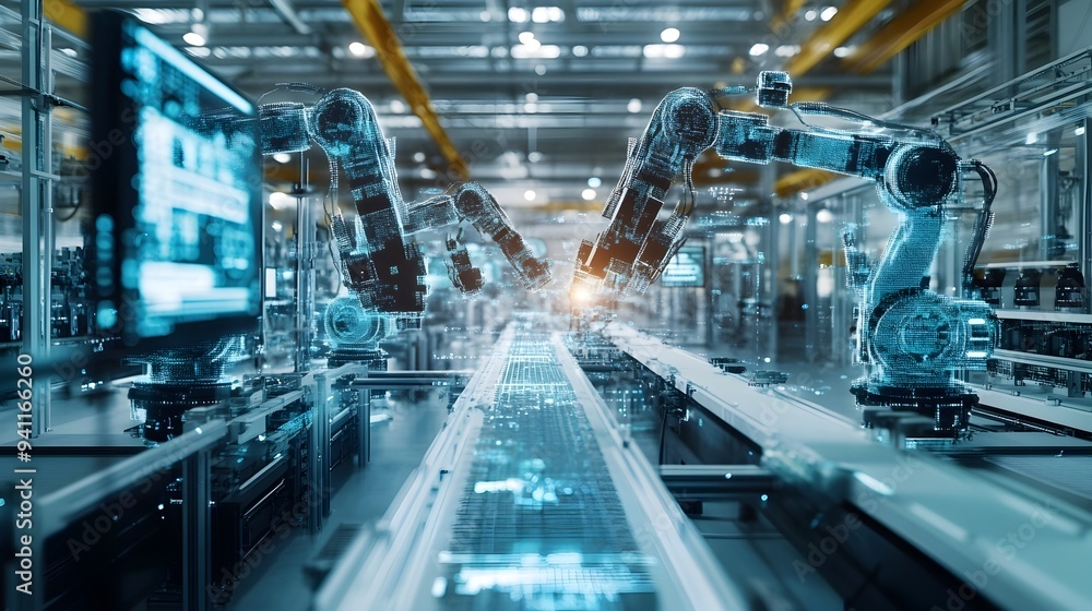 A futuristic factory floor being monitored by multiple digital twins leveraging advanced analytics automation and optimization technologies to boost efficiency across the manufacturing process A futuristic factory floor being monitored by multiple digital twins leveraging advanced analytics automation and optimization technologies to boost efficiency across the manufacturing process