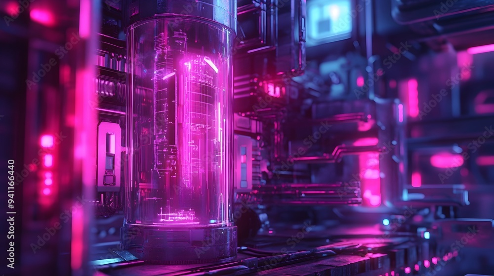 Fototapeta premium Innovative and cutting edge technology gadget with a sleek futuristic design and advanced intelligence set against a neon lit cyberpunk inspired urban cityscape