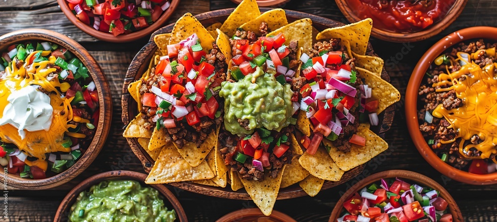 Fototapeta premium Nachos with different toppings, like ground beef, chopped tomatoes, onions on a wooden table
