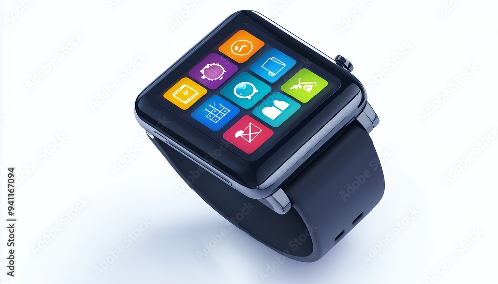 A smartwatch displaying various colorful app icons on its screen. A smartwatch displaying various colorful app icons on its screen.