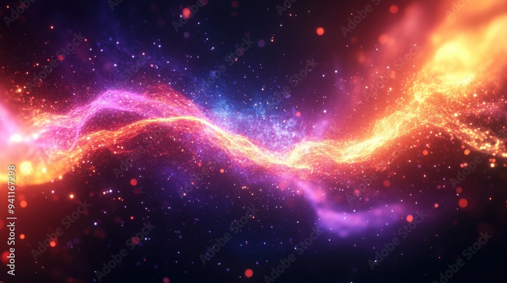 Fototapeta premium Abstract Cosmic Background with Red and Blue Energy Stream, Glowing Particles and Bokeh Lights.