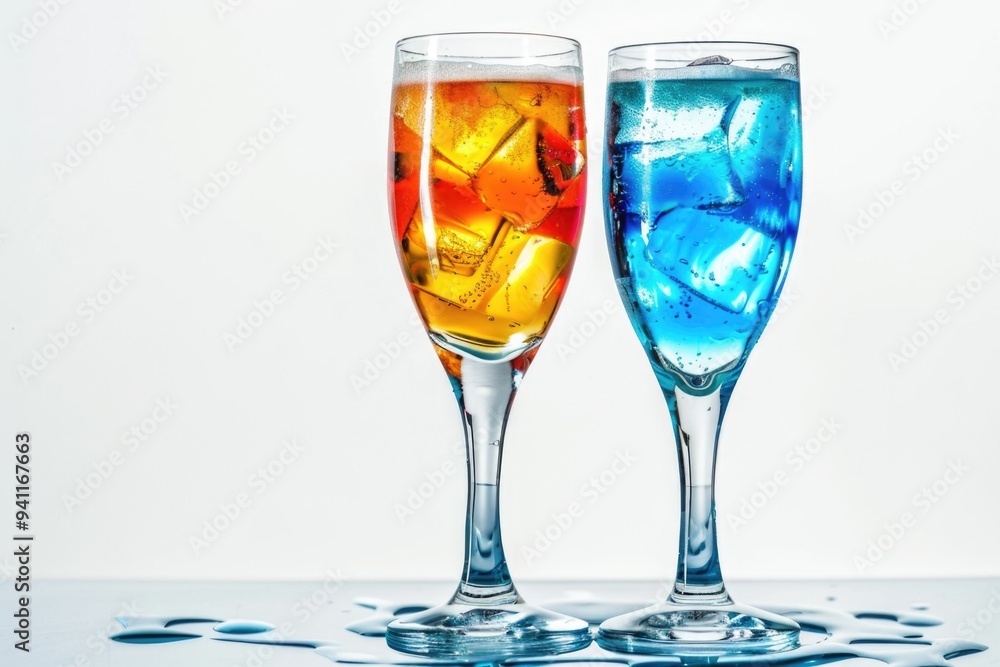 A pair of glasses filled with drinks placed on a table surface A pair of glasses filled with drinks placed on a table surface