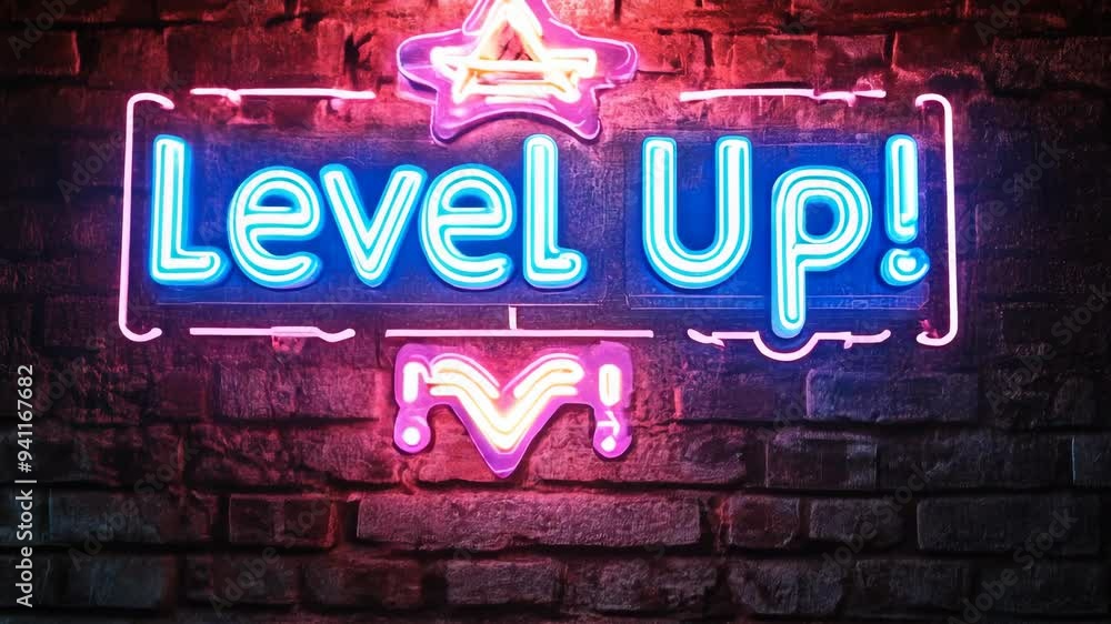 Bright neon inscription Level Up against the background of a brick wall, symbolizing development and improvement Bright neon inscription Level Up against the background of a brick wall, symbolizing development and improvement