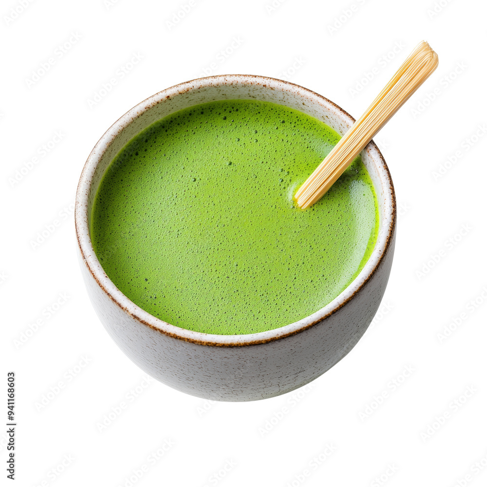 Vibrant green matcha tea drink in ceramic cup with wooden spoon, healthy beverage Vibrant green matcha tea drink in ceramic cup with wooden spoon, healthy beverage