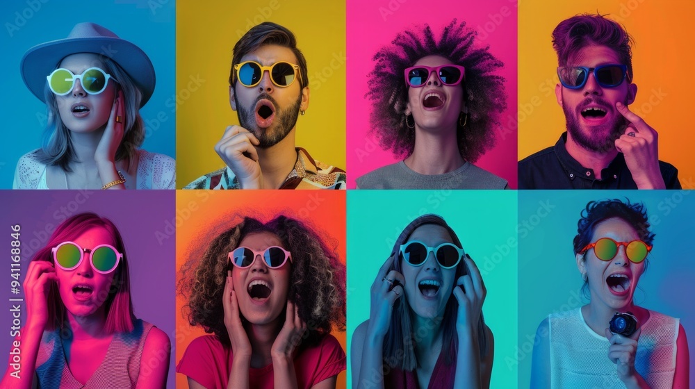 A vibrant collage of ten diverse portraits featuring people wearing different styles of sunglasses and colourful outfits against a neon background. A vibrant collage of ten diverse portraits featuring people wearing different styles of sunglasses and colourful outfits against a neon background.