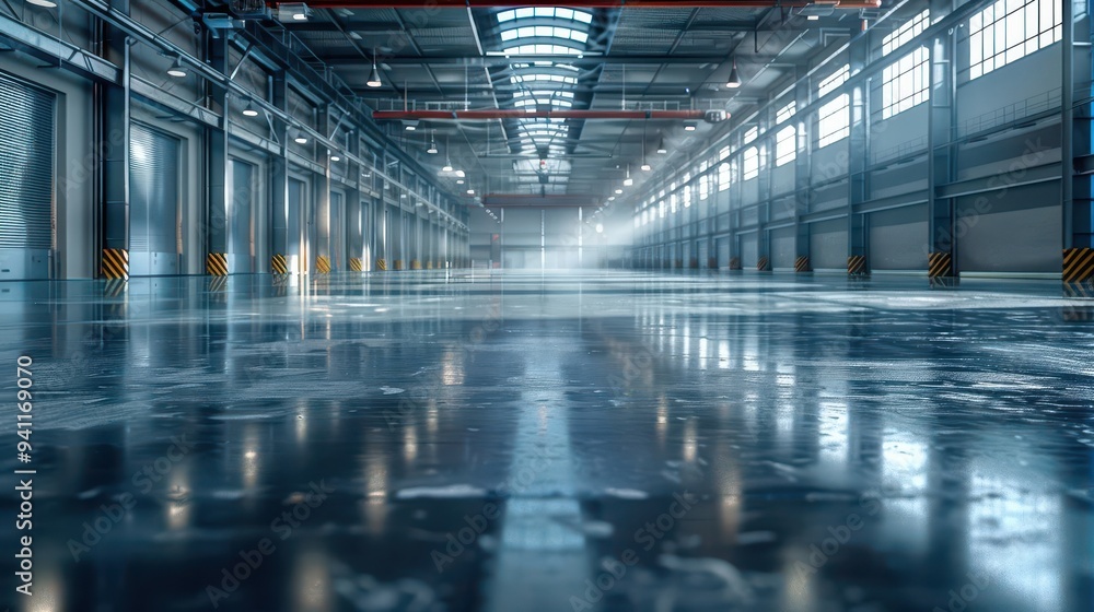 Metallic industrial warehouse, Futuristic, Cold, Digital, Emphasizing spacious utility Metallic industrial warehouse, Futuristic, Cold, Digital, Emphasizing spacious utility